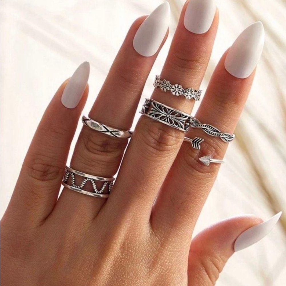 6pc Silver Floral & Arrow Cuff Rings